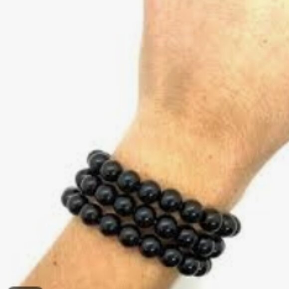 Men's Striking black natural Obsidian Bead Stretch Bracelet - Picture 6 of 7
